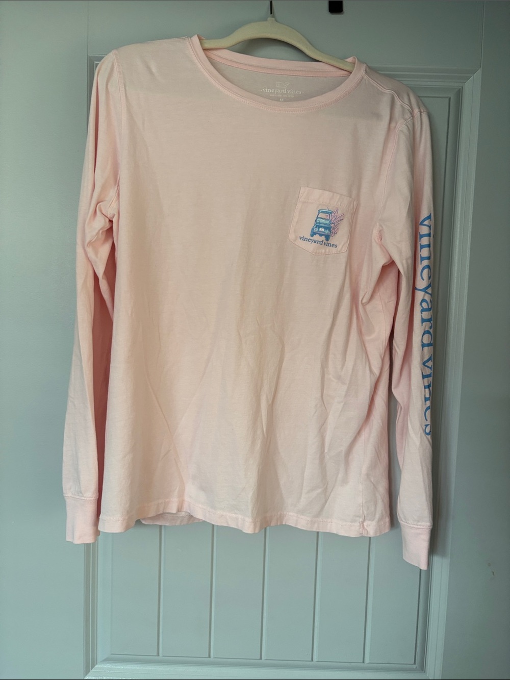 Vineyard Vines Light Pink Long-Sleeve Tee with Pocket & Sleeve Logo